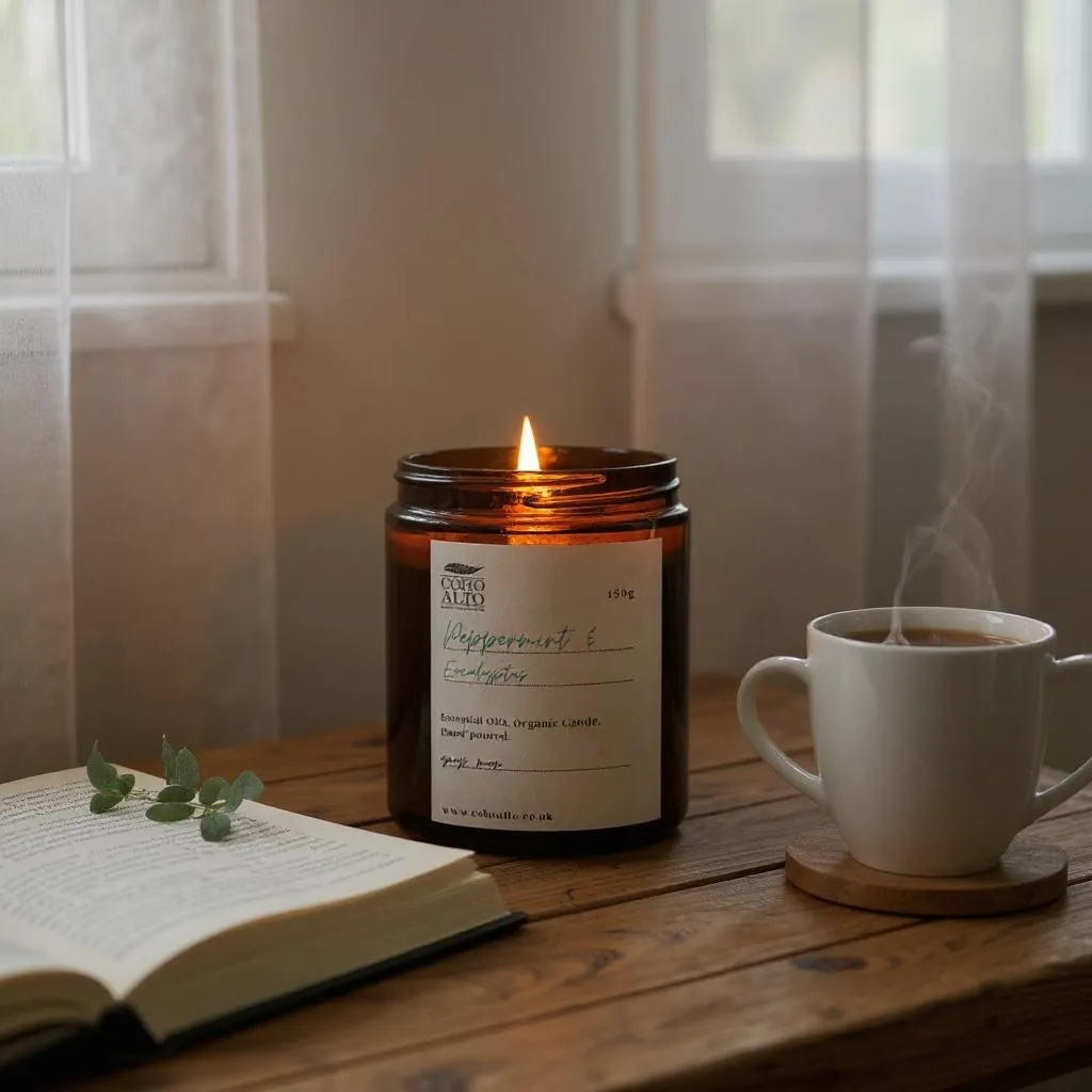 Amber jar candle with flame on a table with a cup and book. Peppermint and eucalyptus essential oil candle