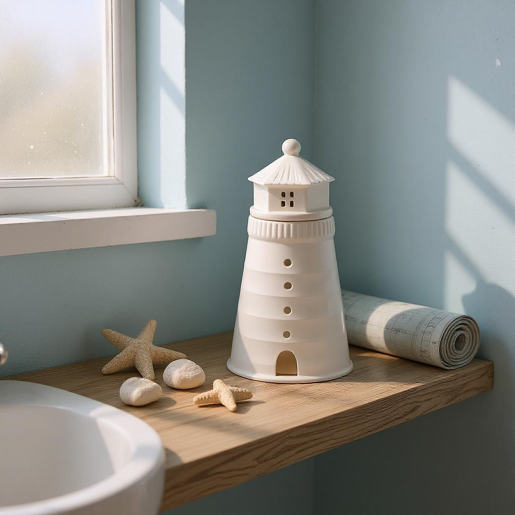 White lighthouse wax melt burner in the bathroom