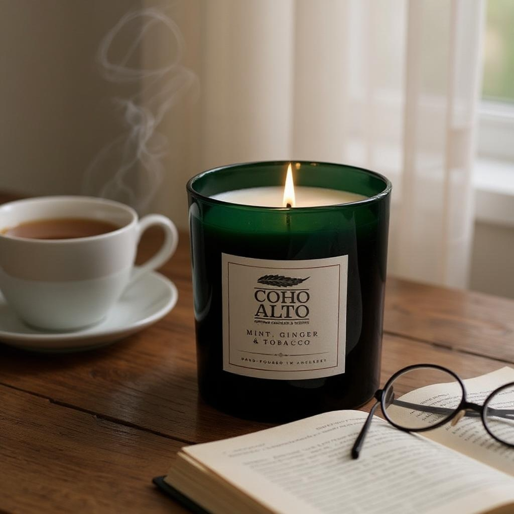 Green candle by coho alto mint ginger and tobacco