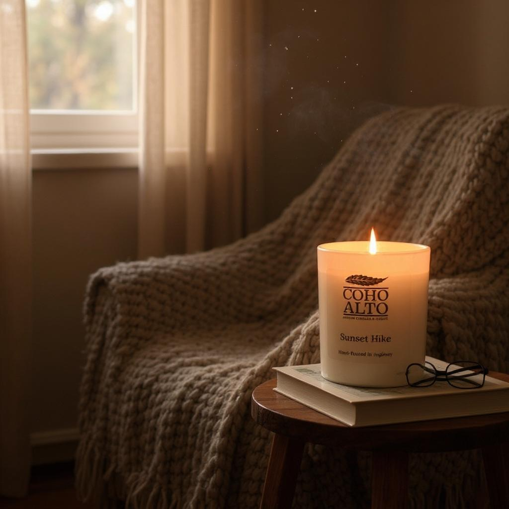 White Candle COHO ALTO Sunset Hike, with flame on a book on a table