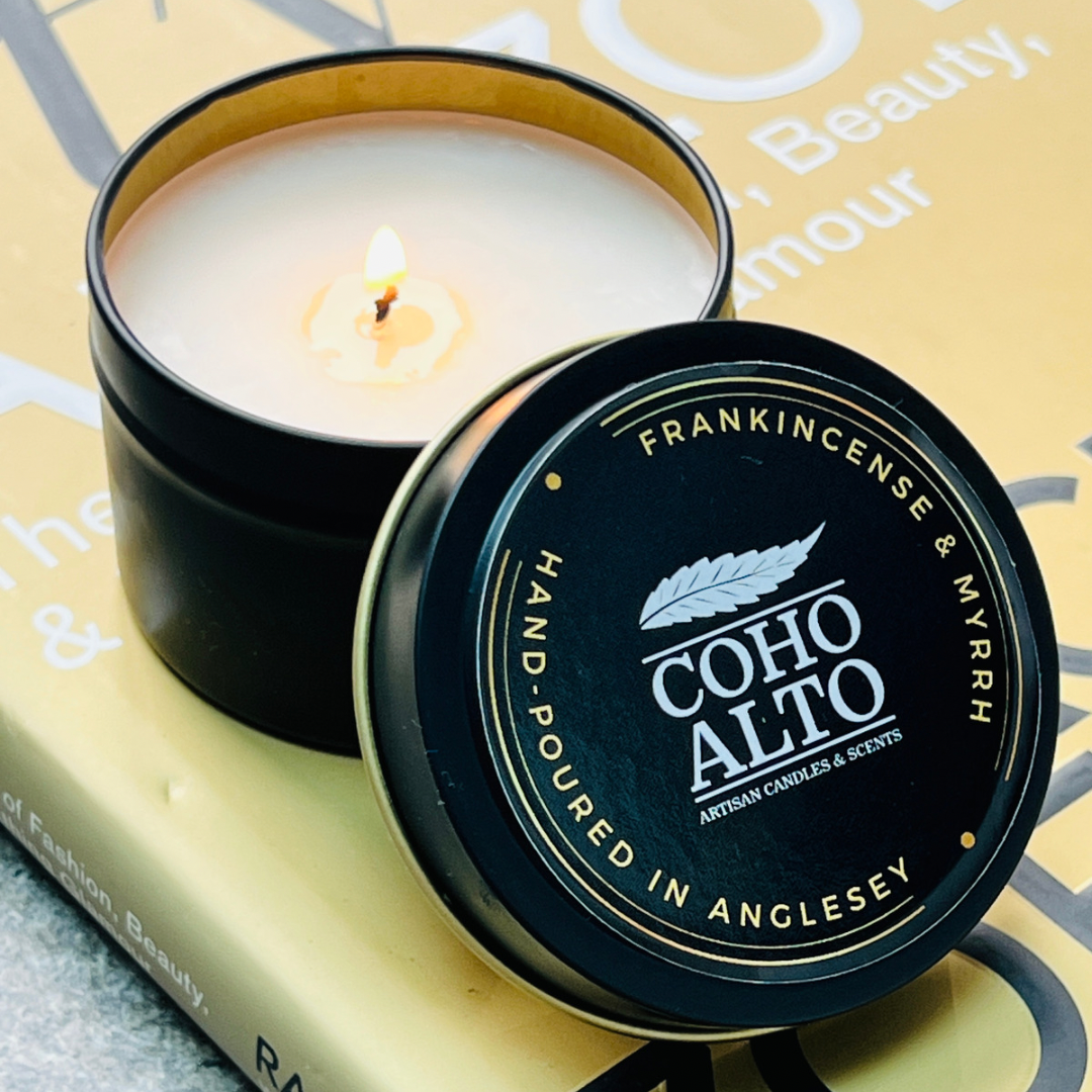 Frankincense and Myrrh black tin candle