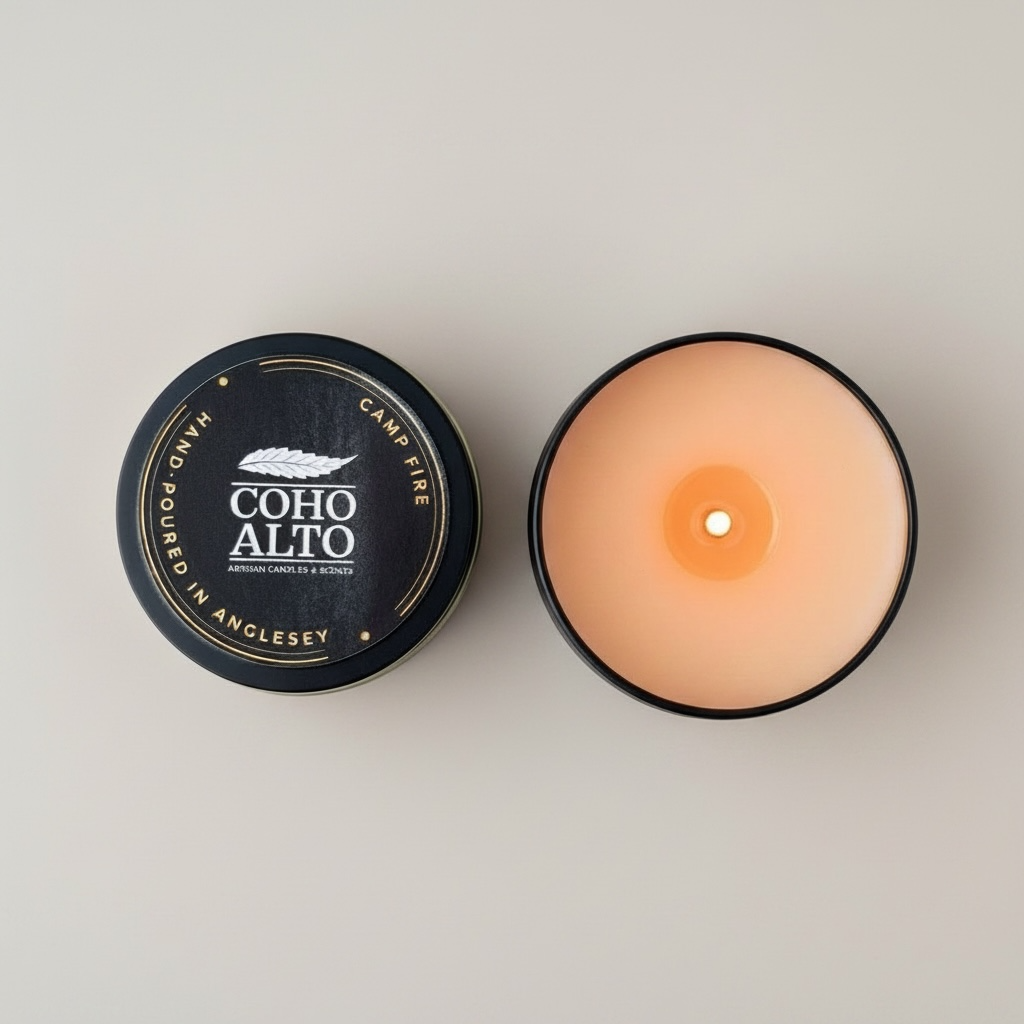 Coho Alto candle with lid on a light gray background