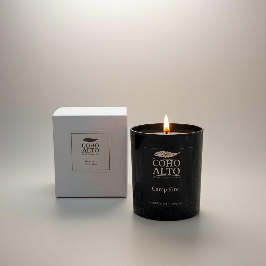 Coho Alto candle with packaging on a neutral background