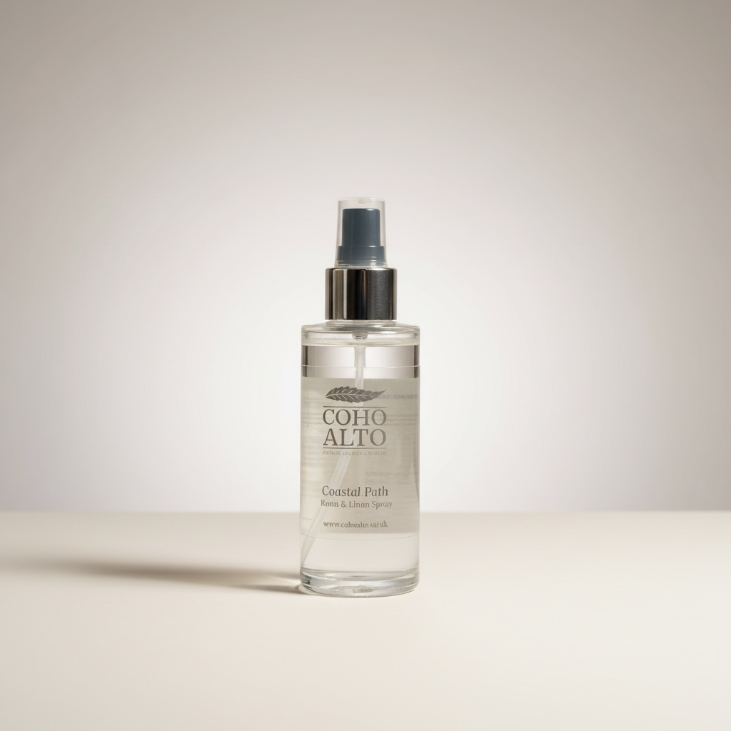 Clear glass bottle with a black spray nozzle labeled 'Coho Alto' on a light background