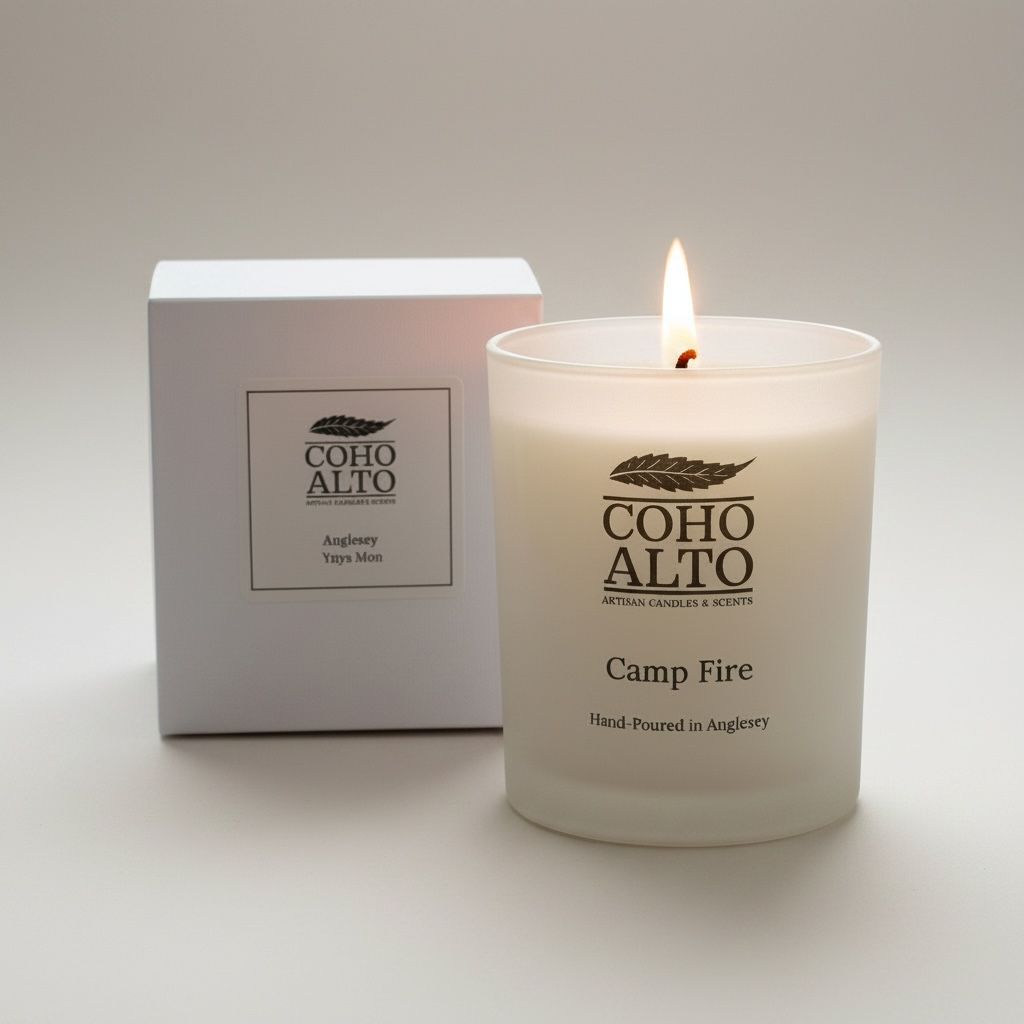 Candle labeled 'Coho Alto' with a box in the background on a light gray background
