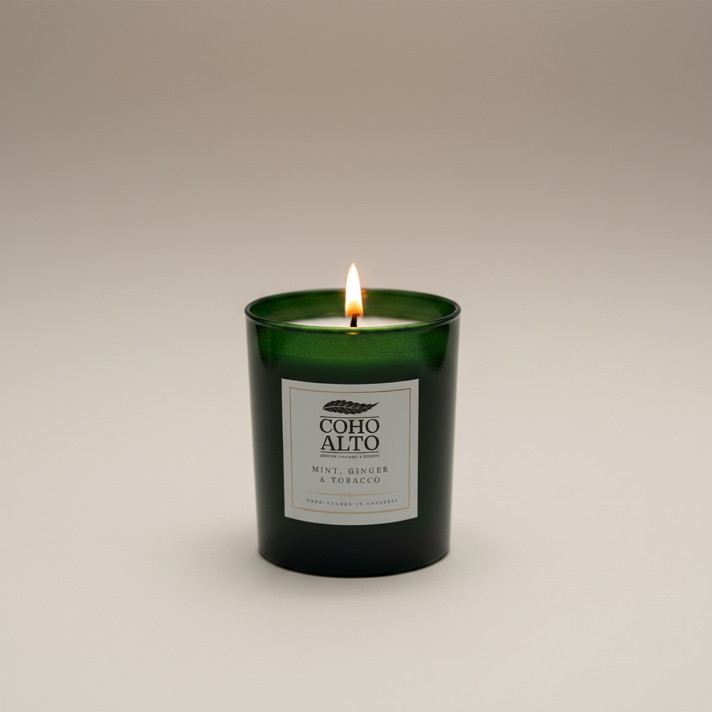 Candle with a label on a beige background