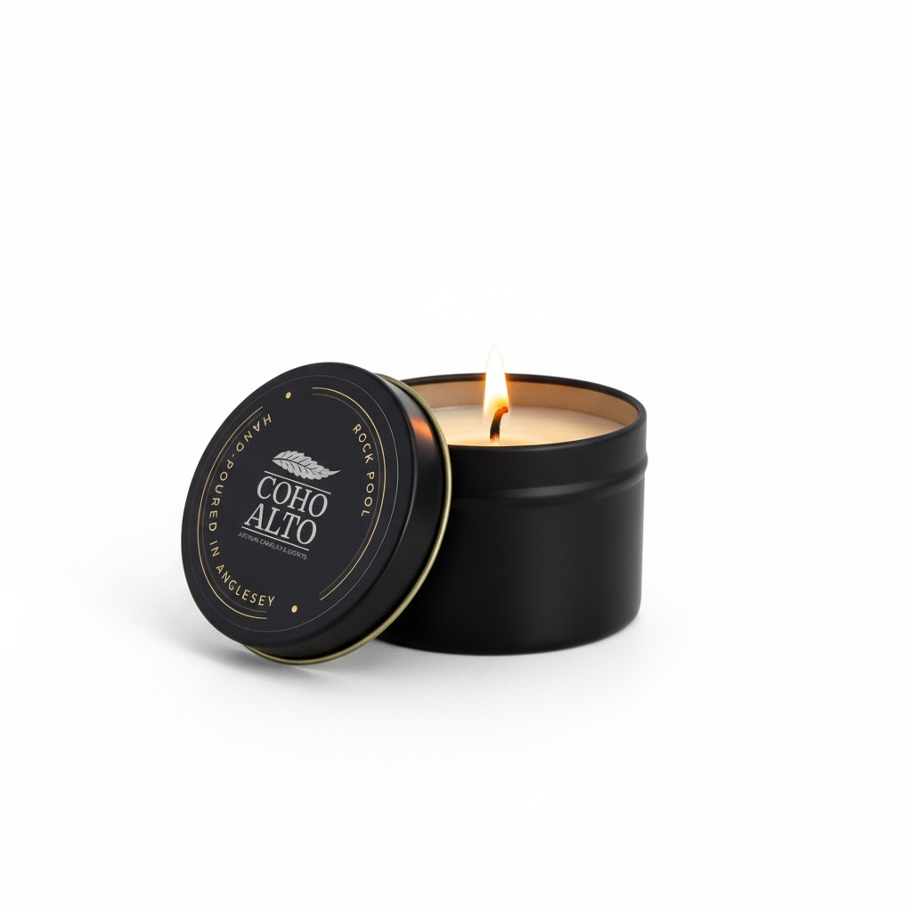 Candle in a black tin with 'Coho Alto' branding on a white background