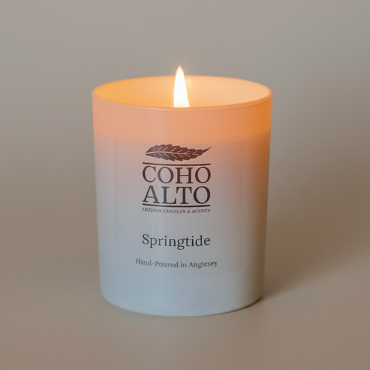 Candle with 'COHO ALTO' branding and 'Springtide' scent on a neutral background