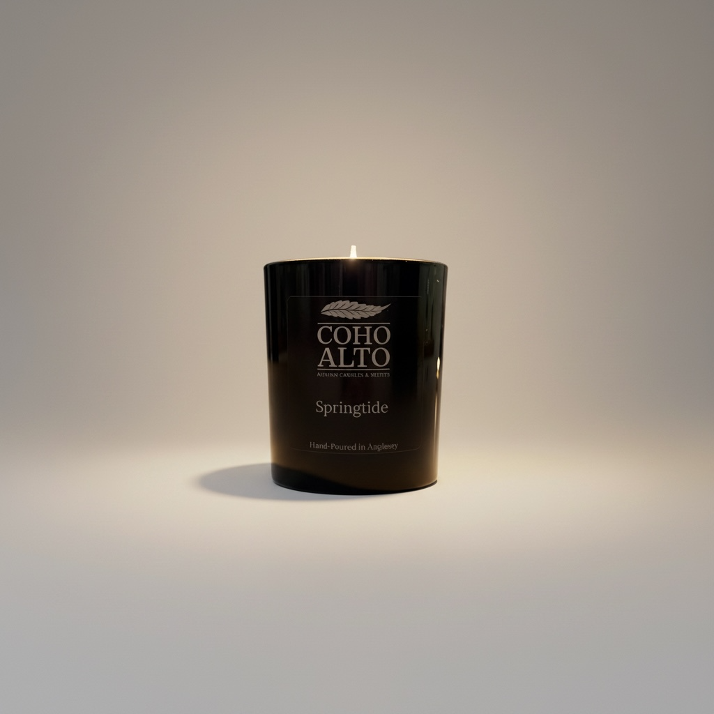 Black candle with 'COHO ALTO' branding on a gray background