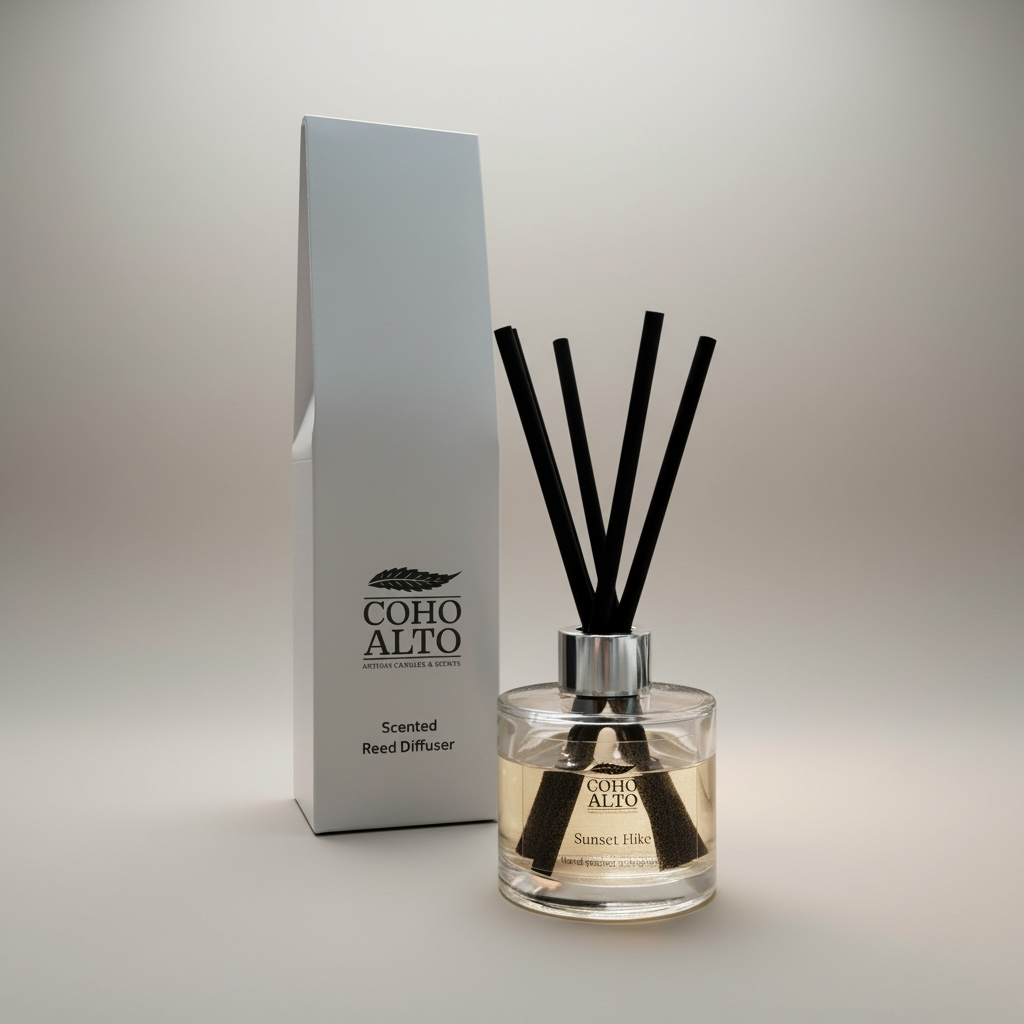 COHO ALTO scented reed diffuser with packaging on a light gray background