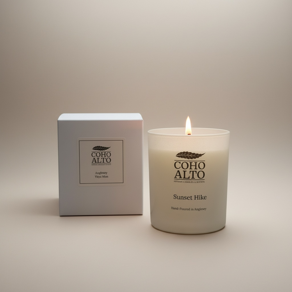 Candle and packaging of COHO ALTO with 'Sunset Hike' scent on a neutral background