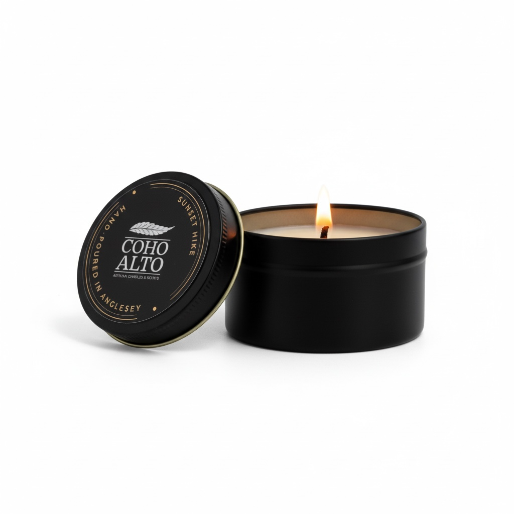 Black candle in a tin with 'Coho Alto' branding on a white background
