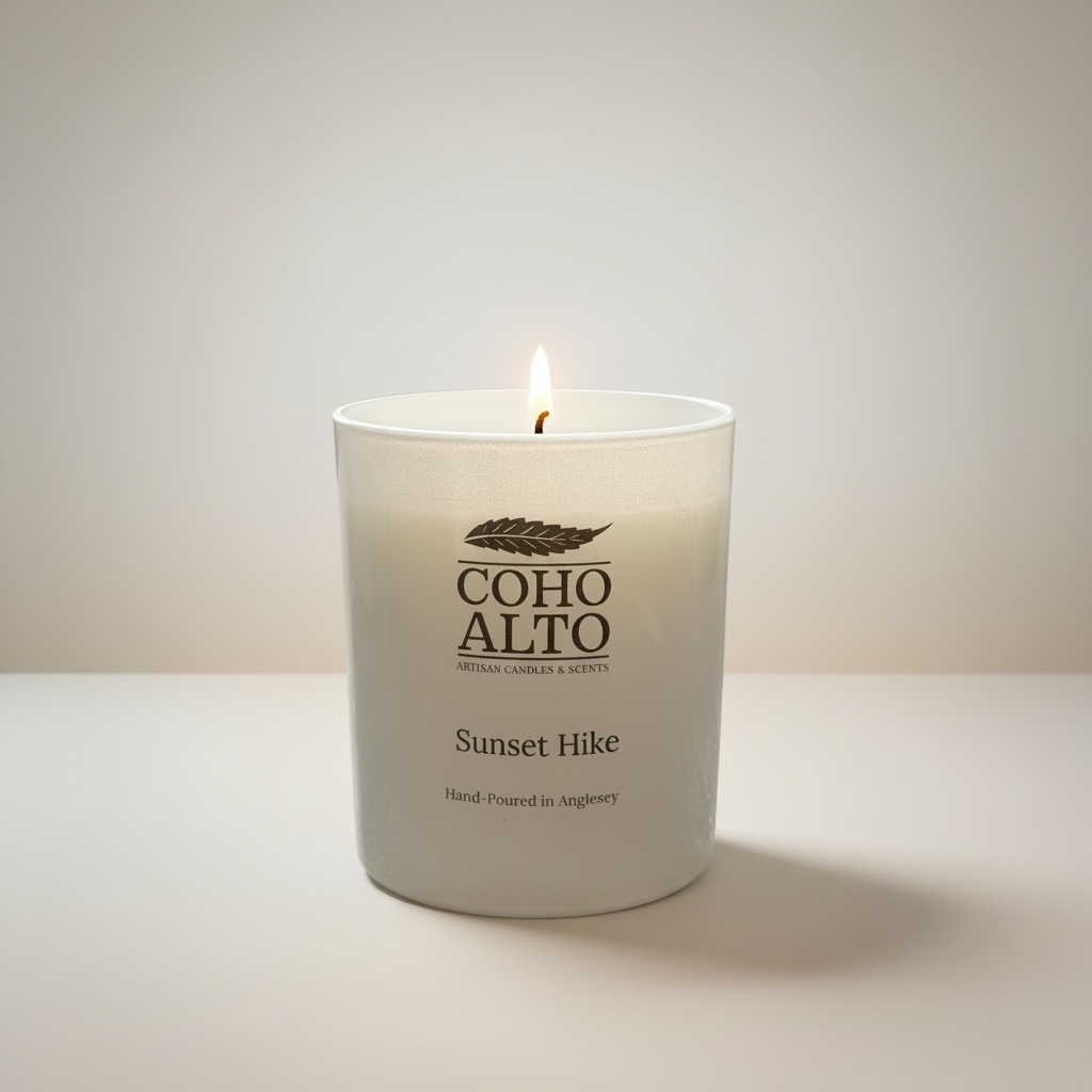 Candle in a white container with 'COHO ALTO' branding on a light background