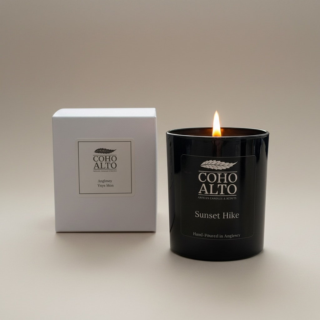 Coho Alto candle and packaging on a neutral background