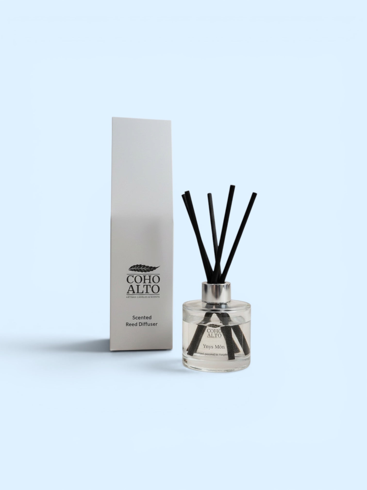 Coho Alto diffuser bottle with black sticks and packaging on a light blue background