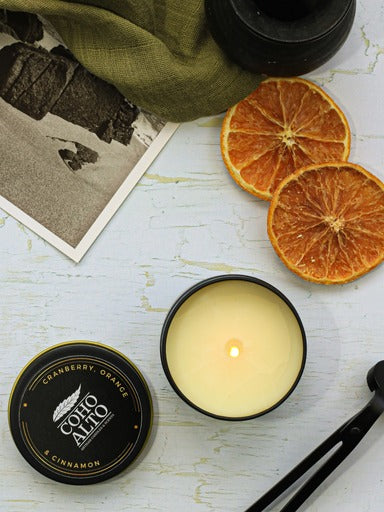 Cranberry Orange and Cinnamon black tin candle 